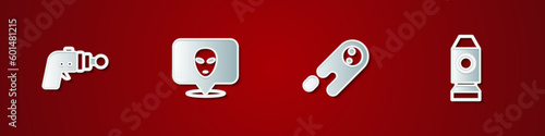 Set Ray gun, Alien, Comet falling down fast and Rocket ship icon. Vector