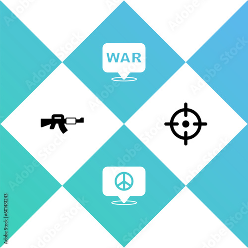 Set M16A1 rifle, Location peace, The word war and Target sport icon. Vector