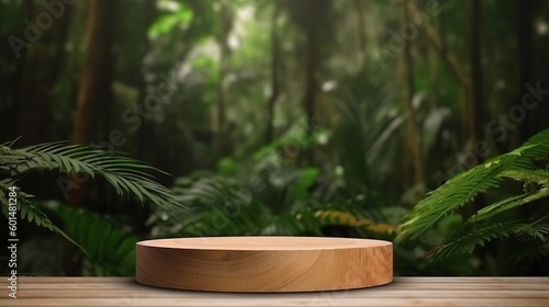 Wooden podium in forest for product presentation, Generative Ai