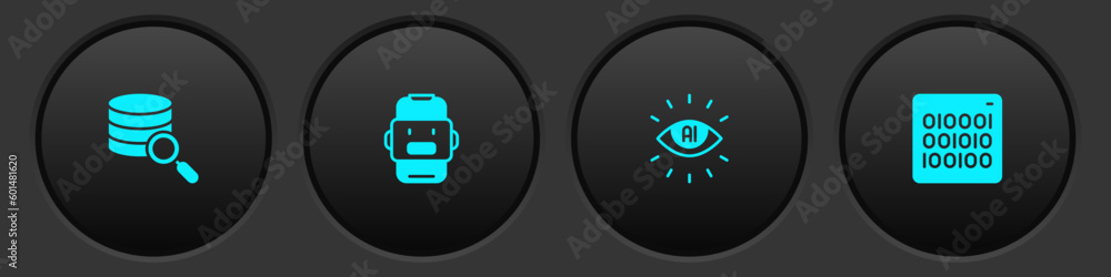 Set Server, Chat bot, Artificial intelligence AI and Binary code icon. Vector Set Server, Chat bot, Artificial intelligence AI and Binary code icon. Vector
