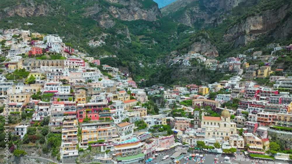 Aerial close-up view of Positano colourful houses, Amalfi Coast, Italy, Europe. Top drone view of the famous tourist destination with Traditional Italian Houses, Hotels and Resorts in ProRes 4K. Aerial close-up view of Positano colourful houses, Amalfi Coast, Italy, Europe. Top drone view of the famous tourist destination with Traditional Italian Houses, Hotels and Resorts in ProRes 4K.