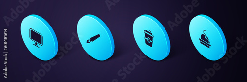 Set Isometric Gives lecture, Coffee cup to go, Paint brush and Computer monitor icon. Vector