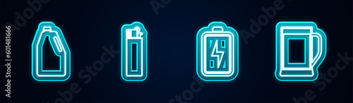 Set line Household chemicals bottle, Lighter, Battery and Glass of beer. Glowing neon icon. Vector