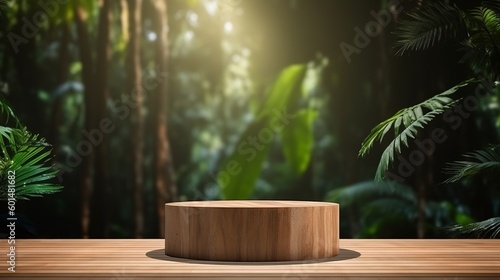 Wooden podium in forest for product presentation  Generative Ai