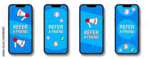 Refer a friend. Referral Program Illustration, Get Rewards by Inviting People to Join something. Bonus reward program. Encourage loyal customers. Refer and earn banner on a smartphone screen