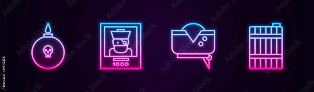 Set line Bomb ready to explode, Wanted poster pirate, Pirate hat and Wooden barrel. Glowing neon icon. Vector Set line Bomb ready to explode, Wanted poster pirate, Pirate hat and Wooden barrel. Glowing neon icon. Vector