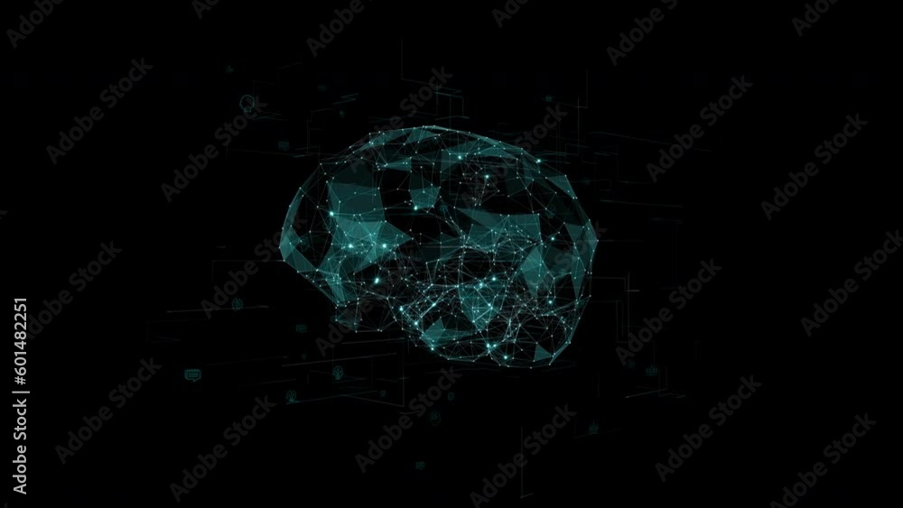 Motion graphic of Blue polygon digital brain logo with grid line and ai ...