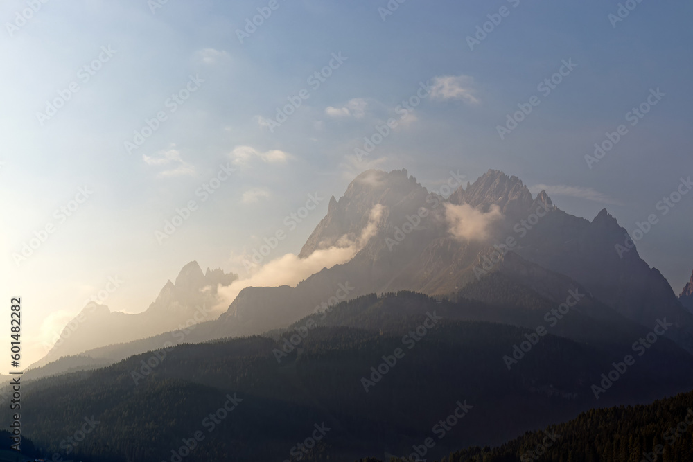 View to the mountains of the famous Sesto Dolomites in early morning, Alps, south tyrol, Italy, Europe