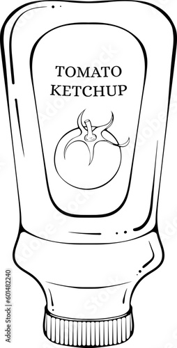 Plastic bottle with ketchup sauce. Vector illustration in hand drawn sketch doodle style. Line art tomato sauce in a bottle isolated on white. Element for coloring book, design, print.