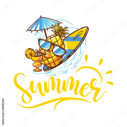 Oceanside t-shirt apparel trendy design with Pineapple on a surfboard with sunglasses and an umbrella