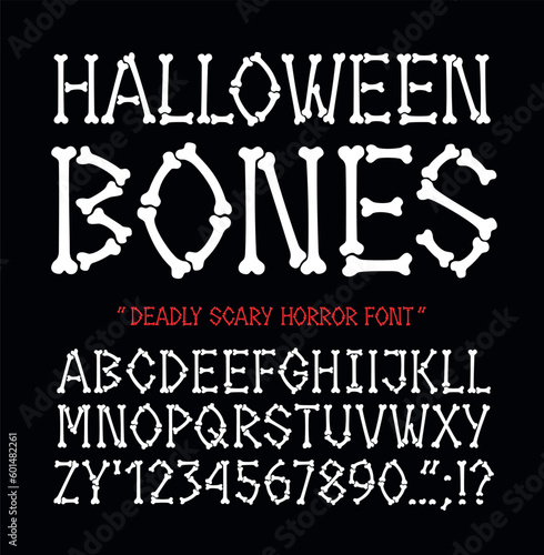 Bones font for Halloween or horror movie logo design. Hand drawn typeface, stencil capital letters  numbers and symbols made of bones and joints on a black background. Vector illustration.