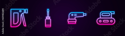 Set line Construction stapler, Screwdriver, Electric sander and planer tool. Glowing neon icon. Vector