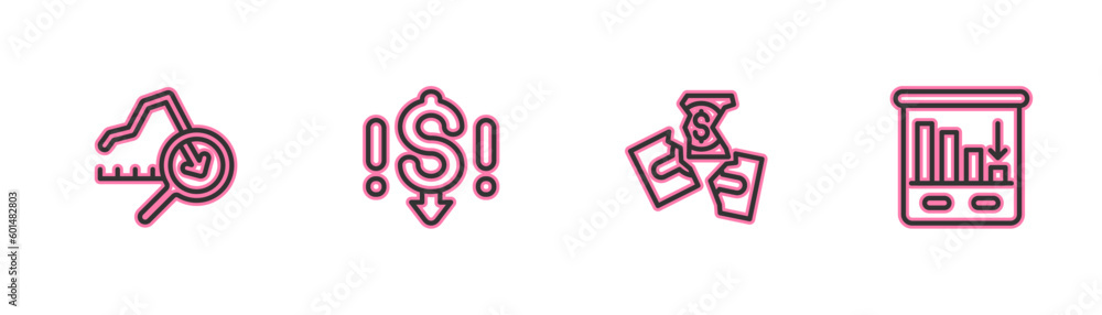 Set line Global economic crisis, Tearing money banknote, Dollar rate decrease and Pie chart infographic icon. Vector Set line Global economic crisis, Tearing money banknote, Dollar rate decrease and Pie chart infographic icon. Vector