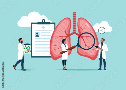 Human lungs, respiratory system. Respiratory system examination and treatment. Anatomy, medicine concept. Healthcare. Vector illustration. 