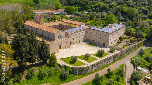 Aerial view of Valvisciolo Abbey, a Cistercian monastery located in Sermoneta, in the province of Latina, Italy. The church has a rose window and is a masterpiece of Romanesque-Cistercian architecture photo