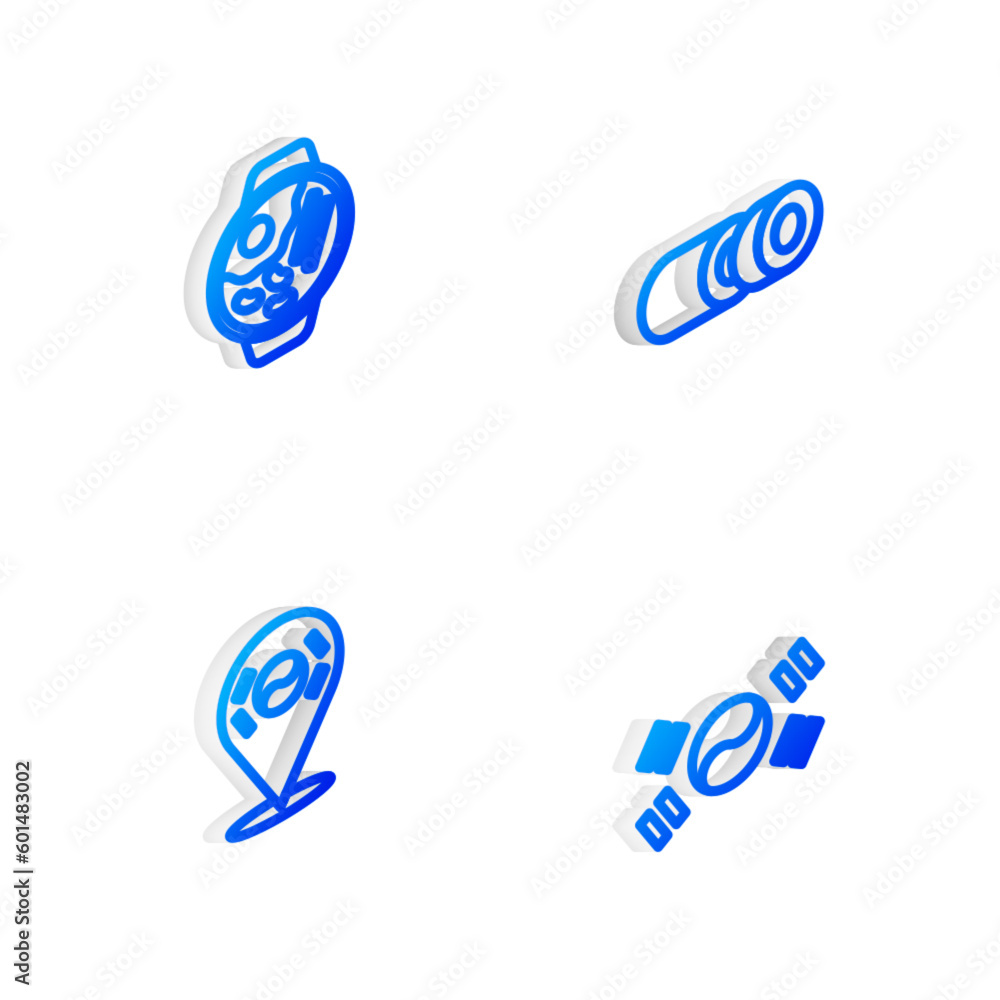 Set Isometric line Sushi, Ramen, Location South Korea and flag icon. Vector Set Isometric line Sushi, Ramen, Location South Korea and flag icon. Vector