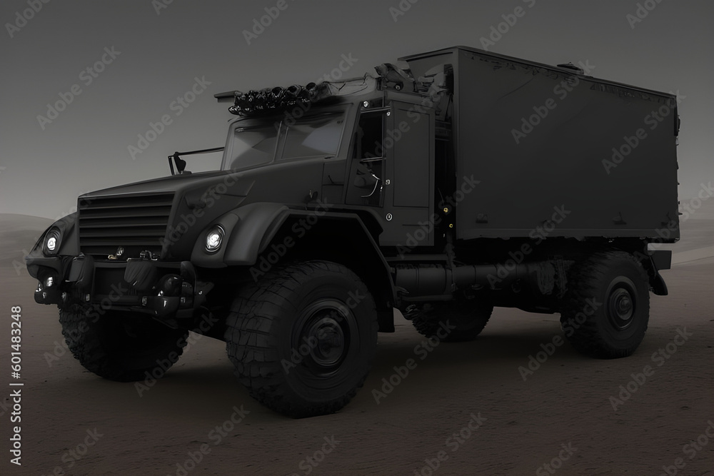 A black military truck on a dark background, created with Generative AI