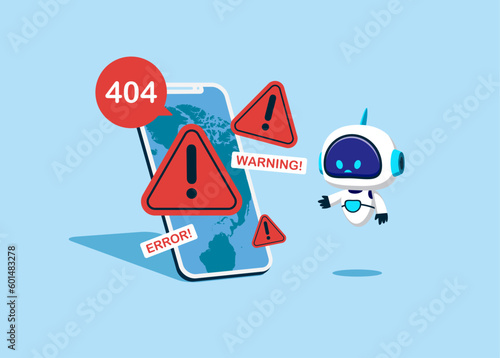 Site  Construction with Artificial intelligence robot at Huge display smartphone with Internet Problem Warning. System Work Error, 404 Maintenance Page Not Found. Flat vector illustration