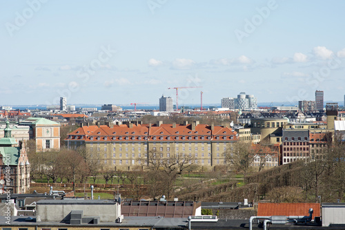 Aerial cityscape of the skyline of the center of Copenhagen with a large building in Denmark