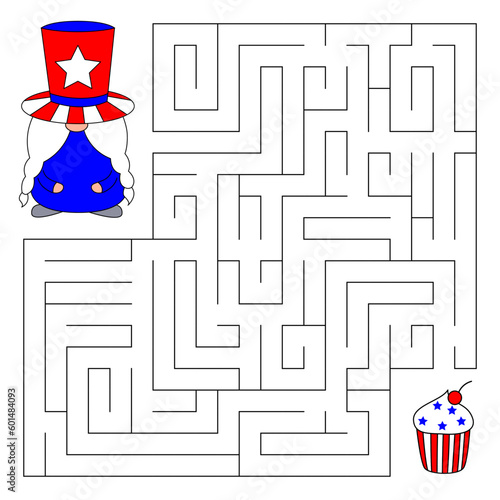 American Independence Day maze game for kids. Cute gnome looking for a way to the cupcake. Doodle cartoon style. Printable worksheet.