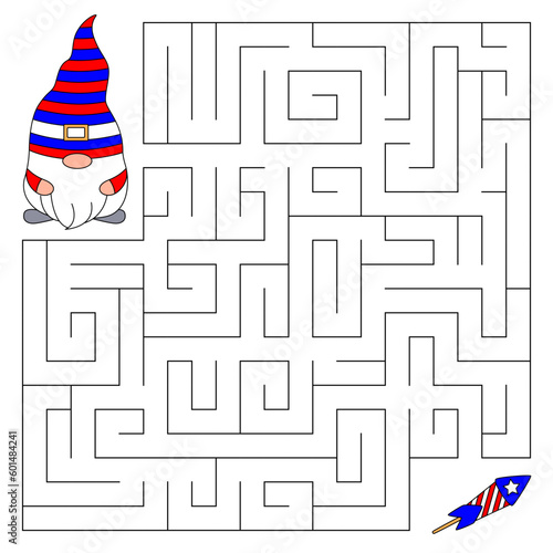 American Independence Day maze game for kids. Cute gnome looking for a way to the firework. Doodle cartoon style. Printable worksheet.
