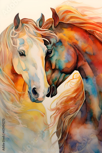 vertical illustration Original pastel painting of a two horse in love on a cardboard. Modern art. watercolor technique Generative ai