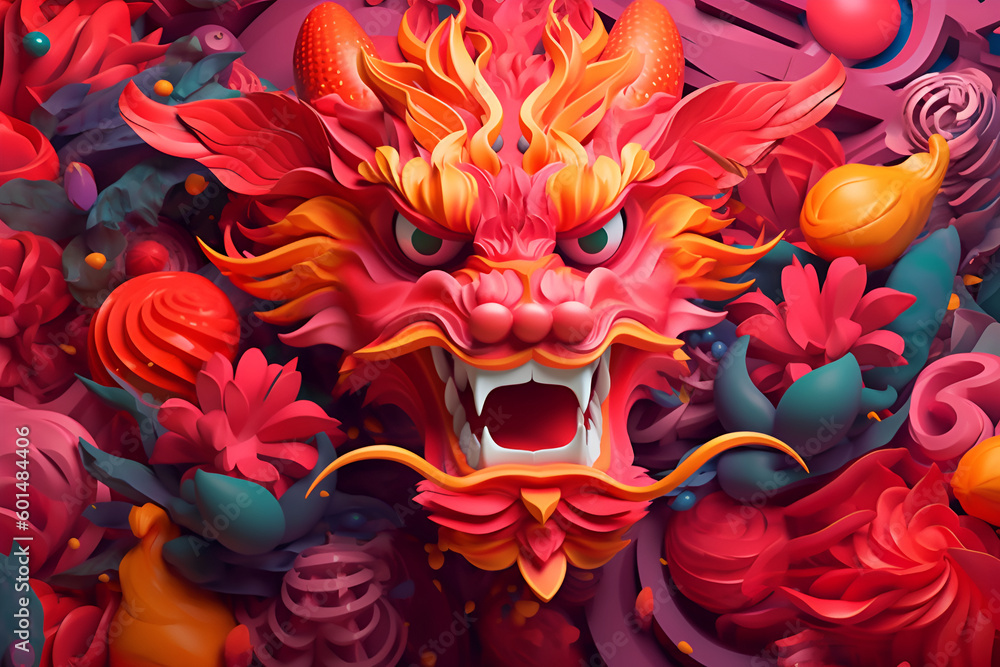 horizontal chinese new year multicolored creative futuristic dragon close-up on a bright background with flowers concept christmas and 2024 new year close up Generative AI 