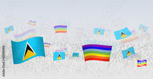 People waving Peace flags and flags of Saint Lucia. Illustration of throng celebrating or protesting with flag of Saint Lucia and the peace flag.