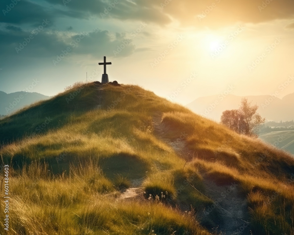 The religious concept of a cross on a hill in the sun's rays. (Generative AI)