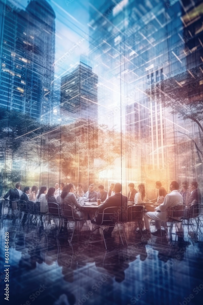 Teamwork is highlighted by a double exposure image of business people in a city office building. (Generative AI)