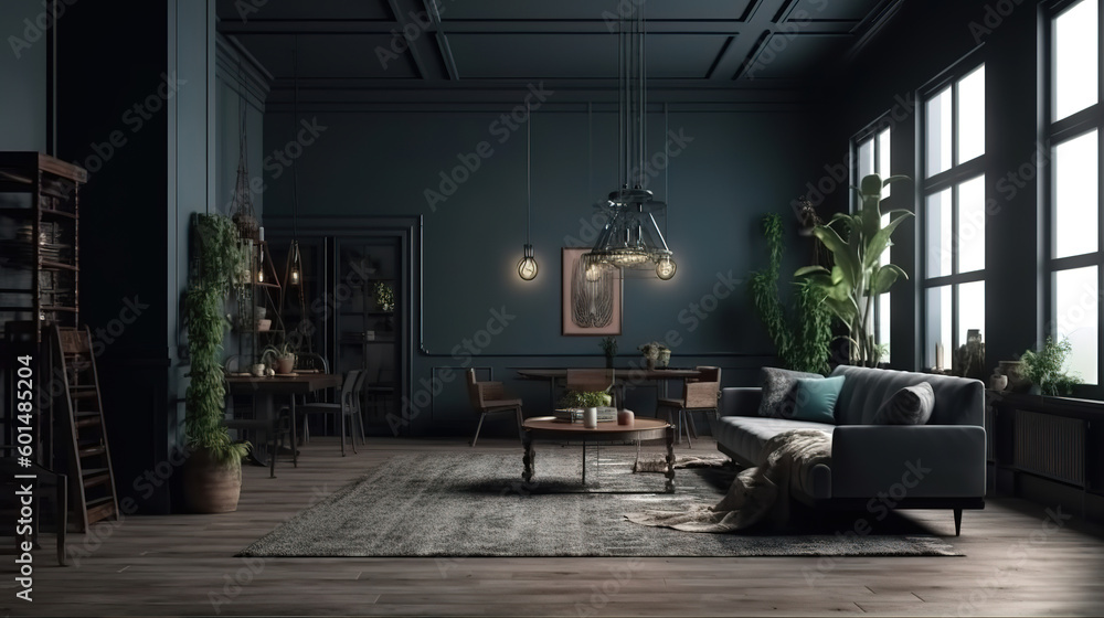 Fototapeta premium Modern dark living room interior with green couch. Generative Ai