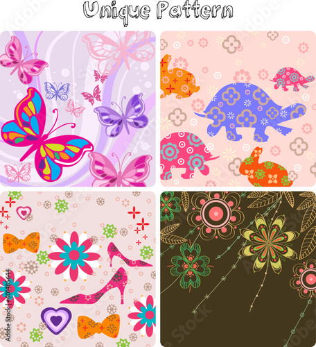 set of unique flora fauna pattern cover four element background vector 6