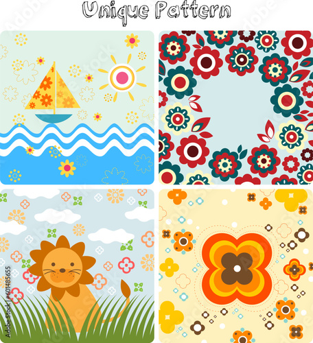set of unique flora fauna pattern cover four element background vector 3