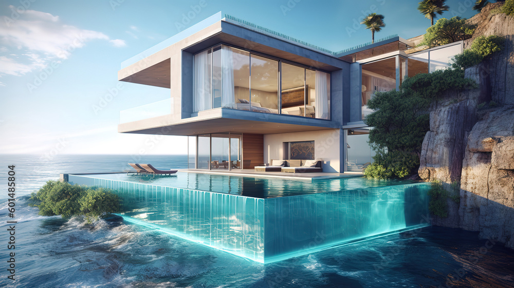 Fototapeta premium Ocean villa, luxury house with pool and sea view. Generative Ai