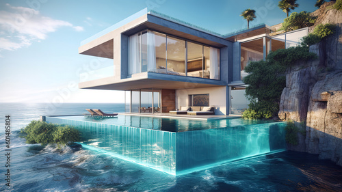 Ocean villa, luxury house with pool and sea view. Generative Ai © hassanmim2021