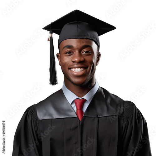 Portrait of a handsome, young, black african american man wearing graduation cap and gown. Isolated on transparent background, no background.