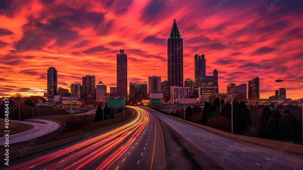 Fototapeta premium Colorful mesmerizing urban sunset. Generative AI