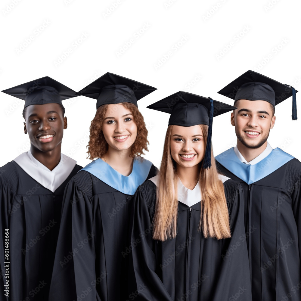 A group of culturally diverse young people wearing graduation cap and gown. Isolated on transparent background, no background. A group of culturally diverse young people wearing graduation cap and gown. Isolated on transparent background, no background.