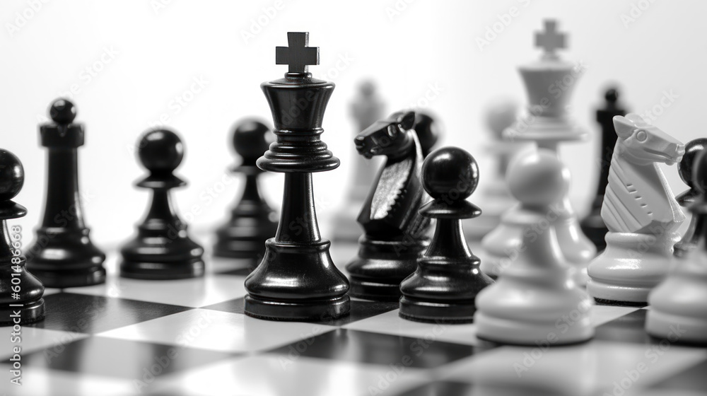 gros plan sur les pièces d'un jeux d’échecs en noir et blanc