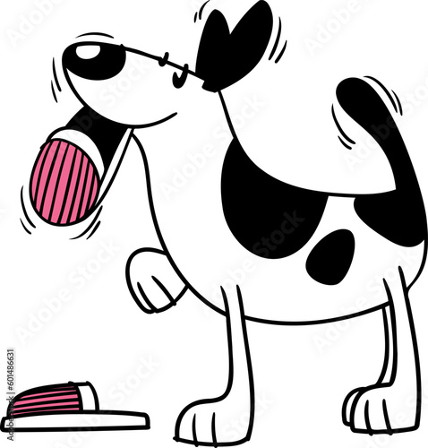 Perro blanco y negro contento, moviendo la cola y sonriendo con una zapatilla en la boca muy activo y simpático. Vista de perfil y estilo cartoon.	
