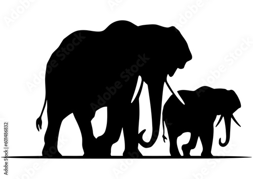 Silhouette of two elephants walking together, elephant family illustration