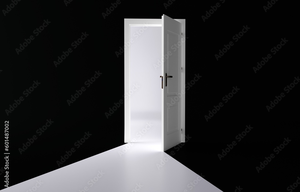Open the door. Symbol of new career, opportunities, business ventures and initiative. Business concept. 3d render, white light inside open door isolated on black background. Modern minimal concept. Open the door. Symbol of new career, opportunities, business ventures and initiative. Business concept. 3d render, white light inside open door isolated on black background. Modern minimal concept.