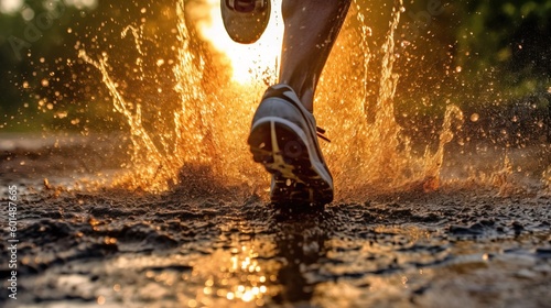 Close-up of Runner's Foot in Motion with Water splasing in the rain - Generative AI photo