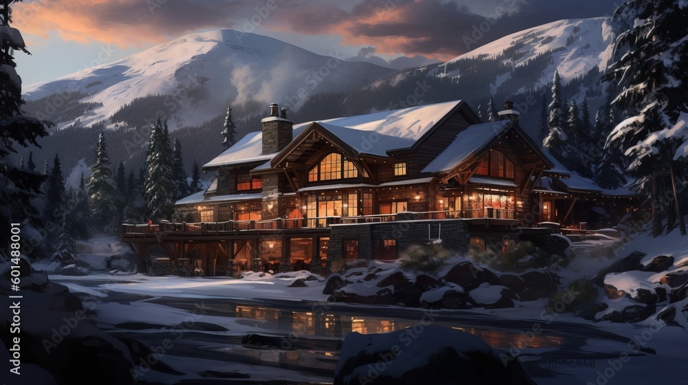 Fototapeta premium Cozy Mountain Lodge Amidst Towering Snow-Covered Pines - Generative AI