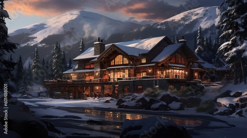 Cozy Mountain Lodge Amidst Towering Snow-Covered Pines - Generative AI © SongHa