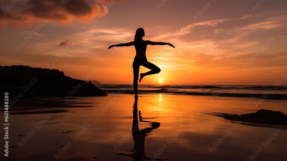 Serene Silhouette Gracefully Striking Yoga Pose at Sunset - Generative AI