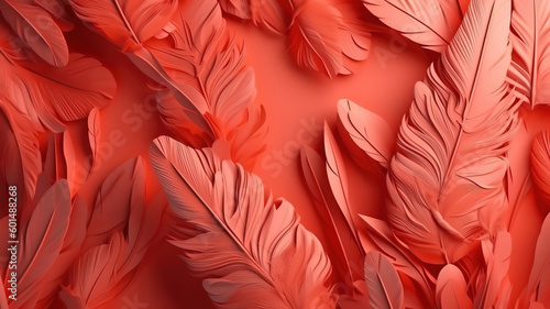 Living Coral color of the Year 2019. Background with feathers in trendy color. Generative Ai