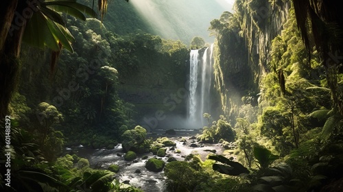 Majestic Waterfall Cascading from Rocky Cliff - Generative AI © SongHa