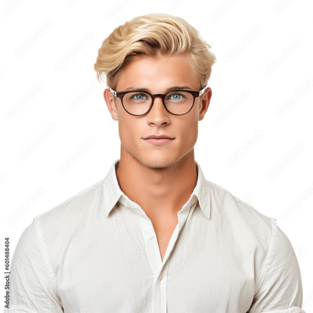 Portrait of a handsome, young blond man wearing eyeglasses and shirt. Isolated on transparent background. No background. Portrait of a handsome, young blond man wearing eyeglasses and shirt. Isolated on transparent background. No background.
