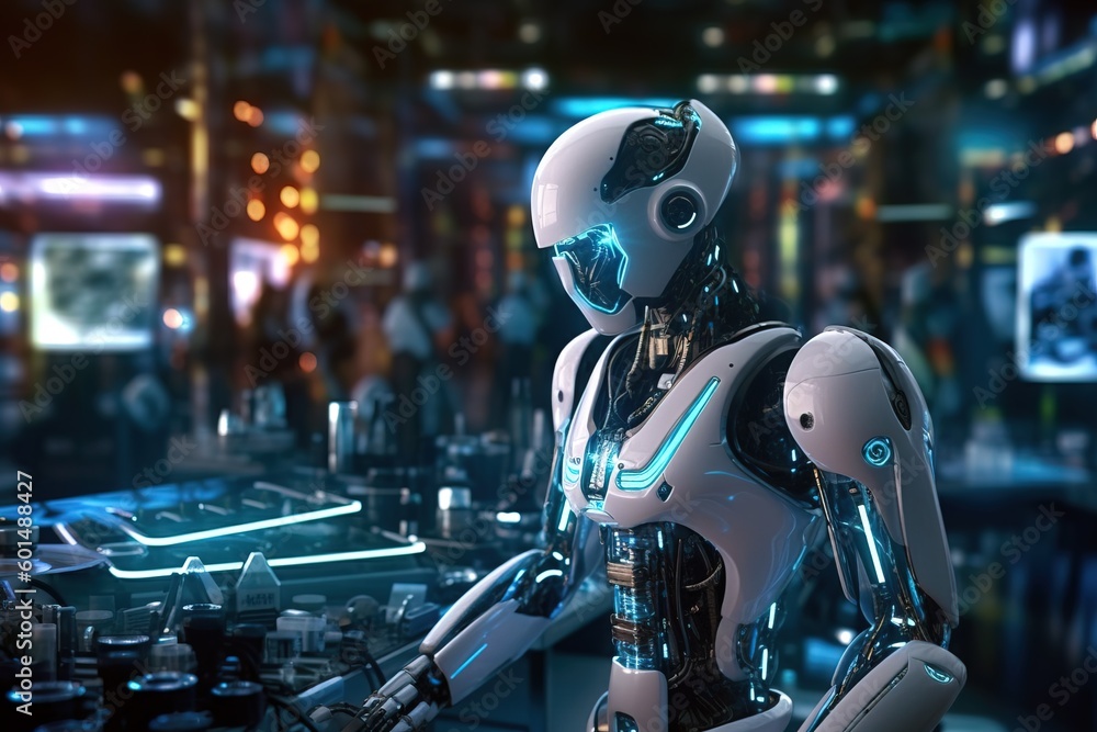 Humanoid Robot Stands in Dimly Lit Laboratory - Generative AI Humanoid Robot Stands in Dimly Lit Laboratory - Generative AI